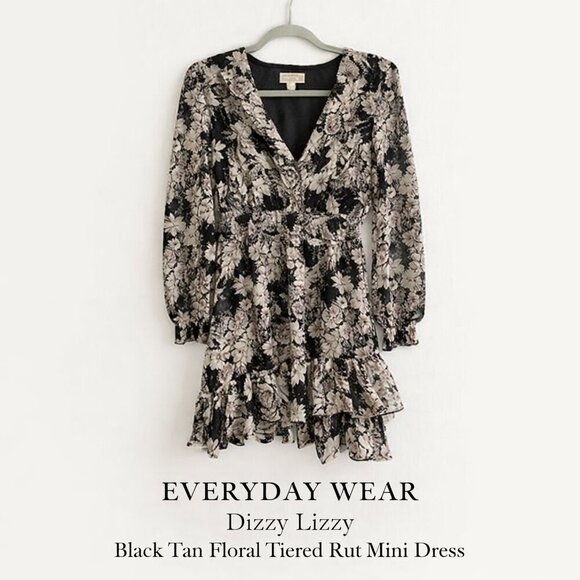 Dizzy Lizzy Dresses & Skirts - Dizzy Lizzy Black Tan Floral Tiered Ruffle Mini Dress Size S NWOT